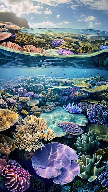 Foto exploración oceánica corales ilustración científica vibrante y detallada que representa el colorido mundo de los arrecifes de coral que muestra las diversas formas y tamaños de formaciones de coral bajo el agua fotografía