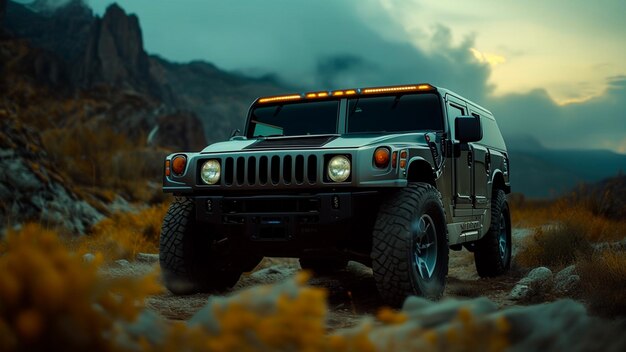 Foto exploración de terrenos montañosos tormentosos en un robusto vehículo hummer