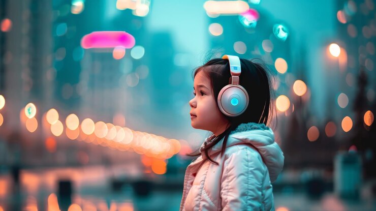 Exploración urbana Niña con auriculares abrazando el paisaje urbano con tonos de azul azul oscuro y magenta claro