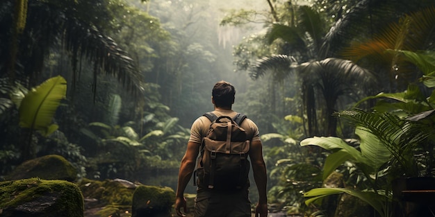 Explorador aventureiro cercado por uma selva exuberante em uma composição cinematográfica cativante Concept Adventure Explorer Jungle Cinematic Composition