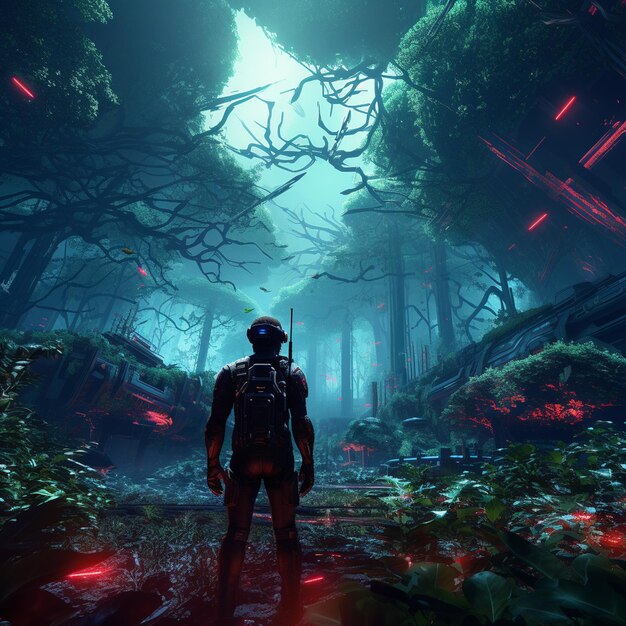 Foto un explorador cibernético de la selva con un machete guiado por láser navegando a través de una selva tropical iluminada con neón.