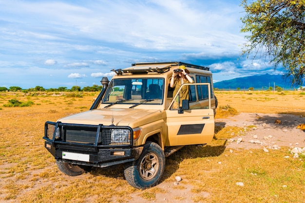 Foto explorador de animais do safári à procura de animais selvagens da primeira fileira do heep. um verdadeiro explorador do parque nacional de ngorongoro.