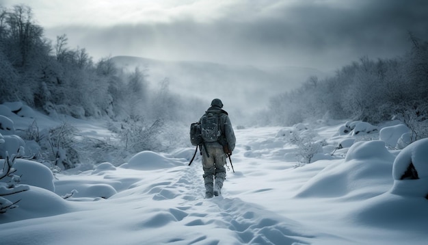 Explorador de meia idade caminhando no pico da montanha na solidão de inverno gerada por inteligência artificial