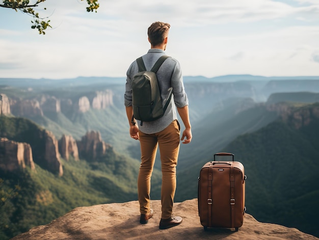 Foto explorador em frente à natureza