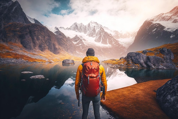 El explorador se para frente al pico de una alta montaña con un paisaje lacustre IA generativa