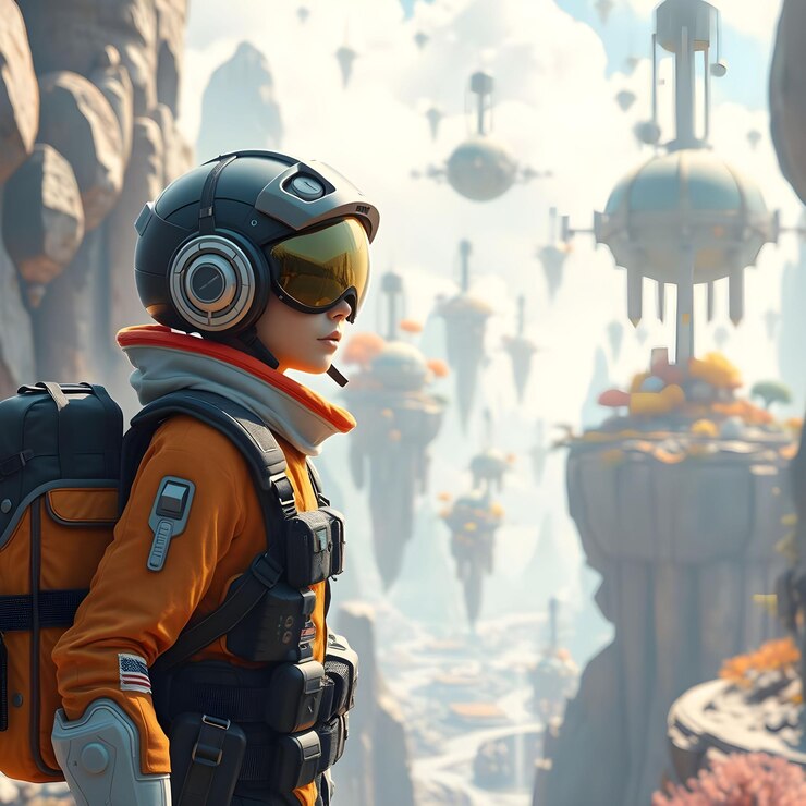 Explorador futurista en traje naranja mirando el paisaje urbano de ciencia ficción esferas flotantes estructura altísima