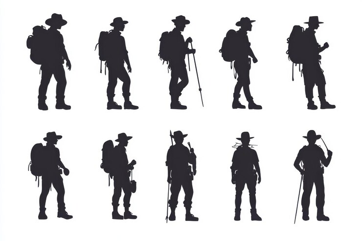 Foto explorador homem negro set vector desenho de silhueta isolado em fundo branco
