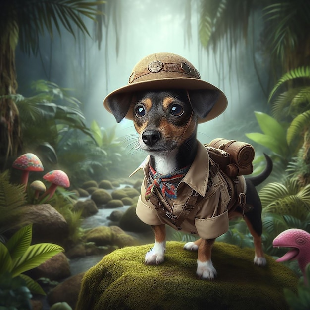 Un explorador de la jungla en la jungla como divertido Cat Dog arte digital AI generado por Bing