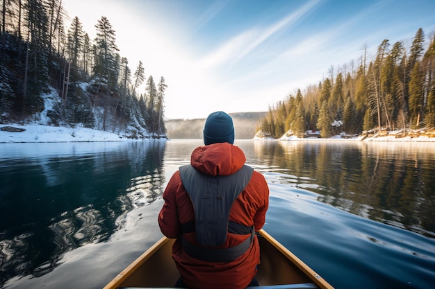 Un explorador masculino con una chaqueta de invierno está en kayak en los parques nacionales de Spirit Island en el lago