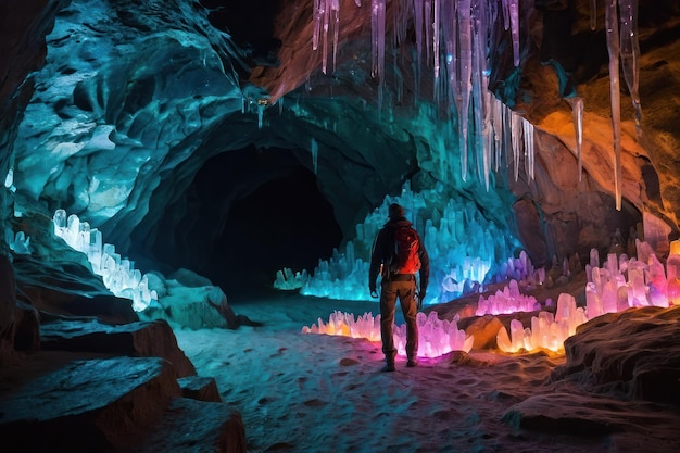 Foto explorador numa caverna de cristal vibrante