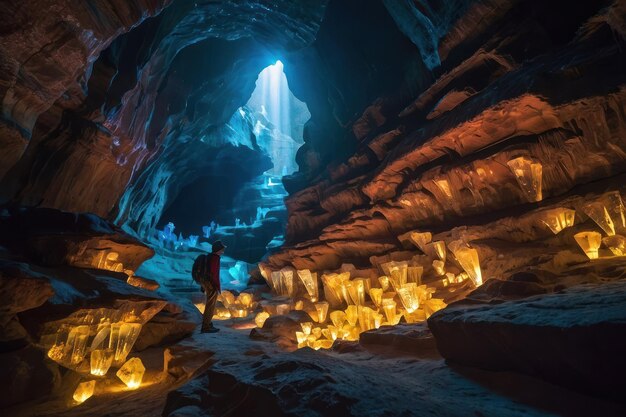 Foto explorador numa caverna de cristal vibrante