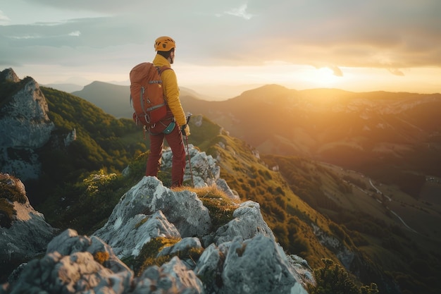 Explorador en el pico de la montaña contra el amanecer impresionante
