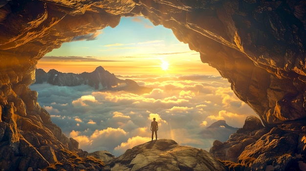 Foto explorador de pie en la abertura de la cueva observando un amanecer sobre montañas y nubes vista de paisaje inspiradora perfecta para fondos y arte de pared ia