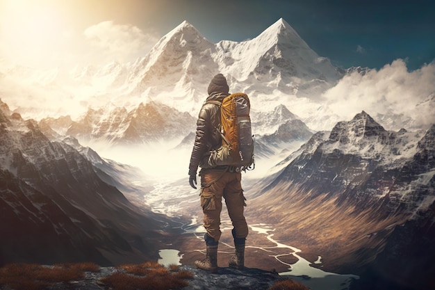 Explorador de pie frente al paisaje de pico de alta montaña Brillo de sol brillante IA generativa