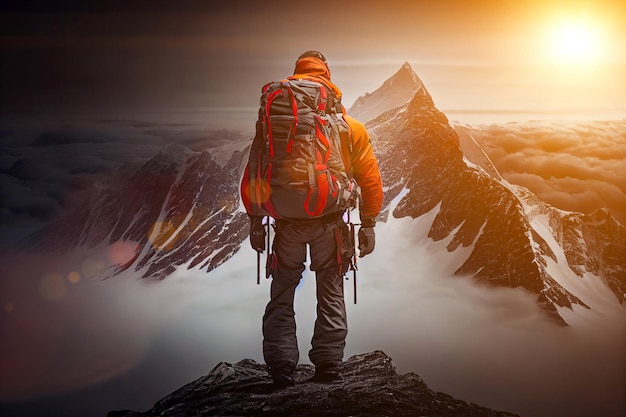 Explorador de pie frente al paisaje de pico de alta montaña Brillo de sol brillante IA generativa