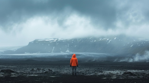 Foto un explorador solitario contra la inmensidad de las dunas de arena negra