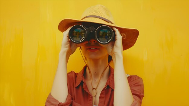 Explorador en sombrero con binoculares contra un fondo amarillo vibrante moderno elegante y divertido perfecto para el marketing de estilo de vida IA