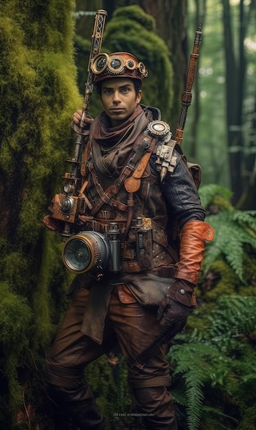 Explorador Steampunk del período victoriano en medio de la jungla IA generativa