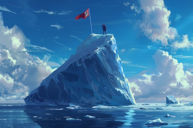 Foto explorador triunfante levantando bandeira em iceberg simbolizando realização e superação de desafio