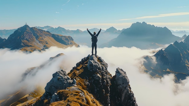 Foto explorador triunfante no pico da montanha em meio às nuvens liberdade realização naturas majestade capturada em fotografia de viagem vívida perfeito para aventura e exploração temas de ia