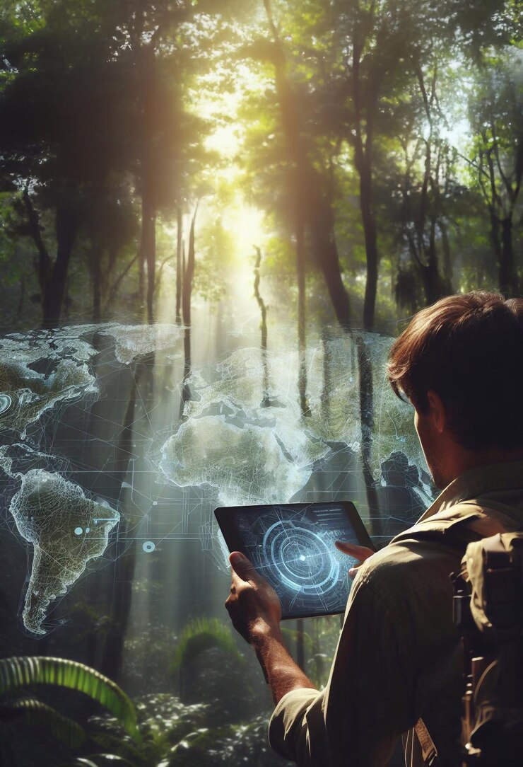 Explorador usando una tableta con gráficos holográficos en una gran ilustración generativa de bosques tropicales