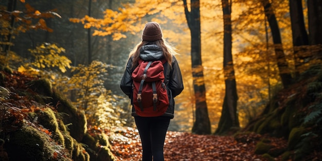 explorador vagando por uma espetacular floresta de outono