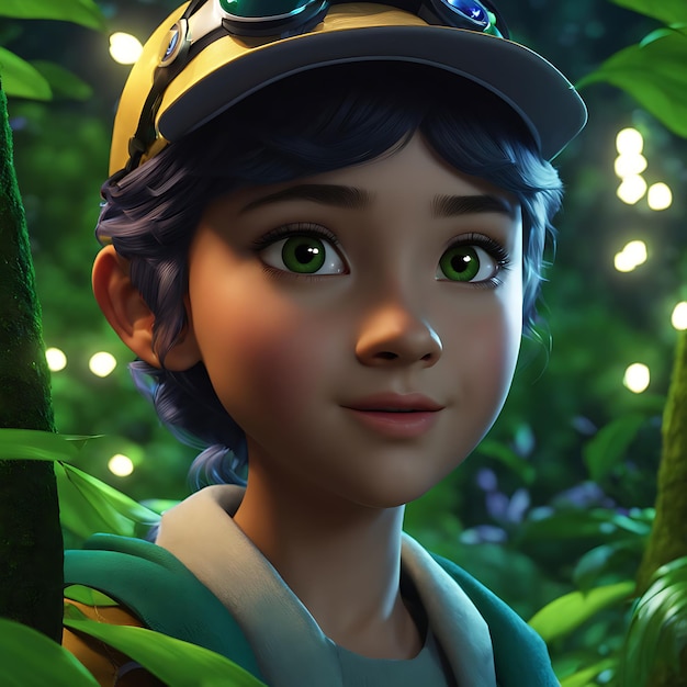 Exploradora bonita na selva Floresta de contos de fadas com luzes Personagem de desenho animado 3D