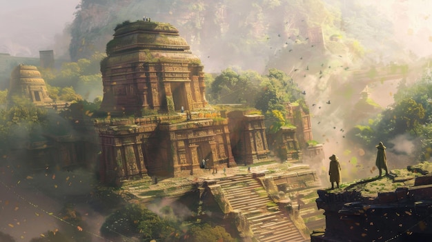 Los exploradores descubren las ruinas de antiguos templos en la exuberante jungla al amanecer