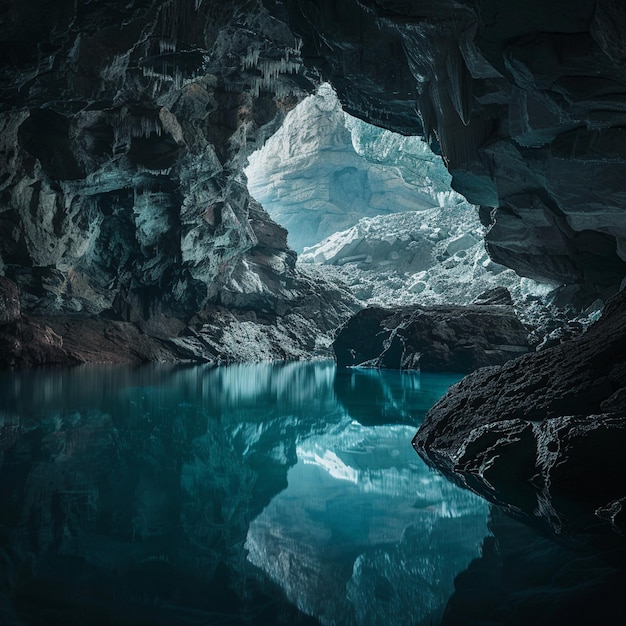 Explorando a encantadora caverna subterrânea com um lago no interior