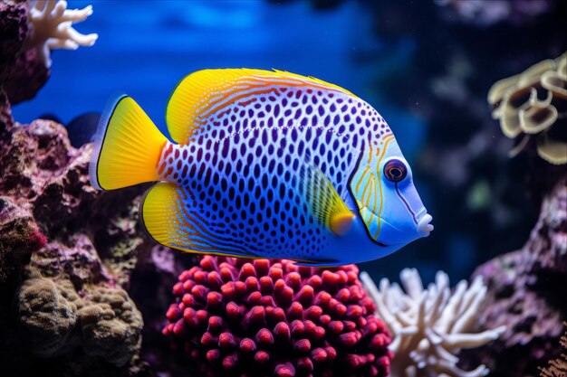 Foto explorando a relação simbiótica entre os heraldos, os peixes-anjos, os centropígeos, os heralds e os corais.