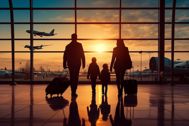 Explorando la alegría de los viajes con figuras de silueta en una terminal de aeropuerto