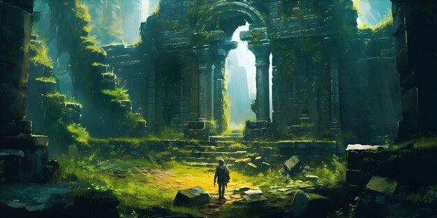 Explorando antiguas ruinas Un aventurero solitario con una antorcha se encuentra a la entrada de un templo de piedra en ruinas cubierto de vides y musgo