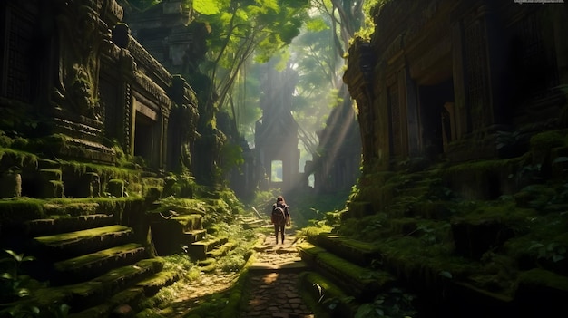 Explorando un antiguo templo bañado en luz dorada en medio de la exuberante vegetación