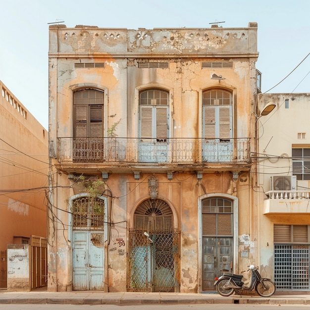 Explorando la arquitectura colonial francesa en Dakar, Senegal, con una motocicleta frente a un antiguo edificio