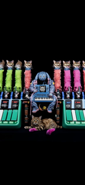 Foto explorando as batidas galácticas a viagem da nave espacial latente cat astronaut synthesizer keyboard