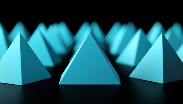 Explorando el atractivo estético de las formas geométricas un viaje visual a través de pirámides azules en una oscuridad
