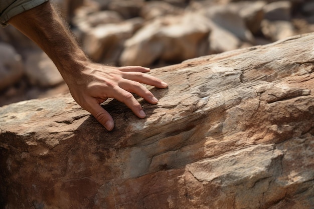 Explorando la conexión tangible Una mano acariciando delicadamente la superficie de una roca AR 32