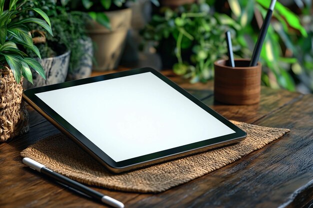 Explorando la creatividad con una tableta digital en una mesa de madera rodeada de plantas IA generativa