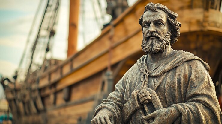 Explorando el Día de Colón con una estatua de Cristóbal Colón cerca de un barco histórico