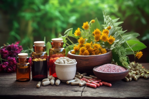Foto explorando la eficacia de la homeopatía y los suplementos dietéticos de hierbas medicinales un examen de enfoque selectivo