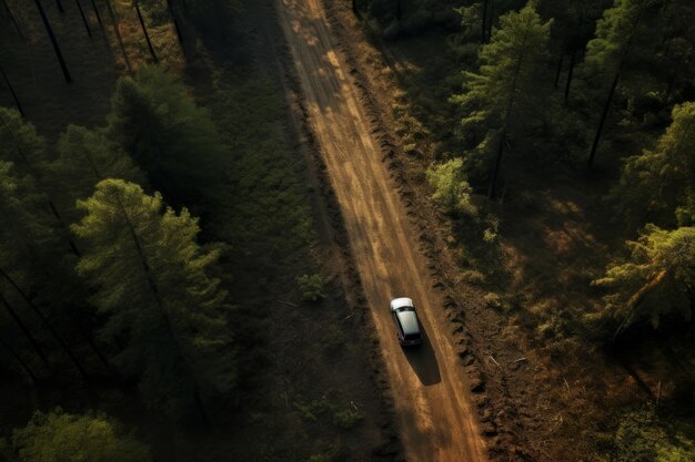 Explorando el encantador desierto Perspectivas aéreas de un coche en un camino de tierra boscoso en Sofía