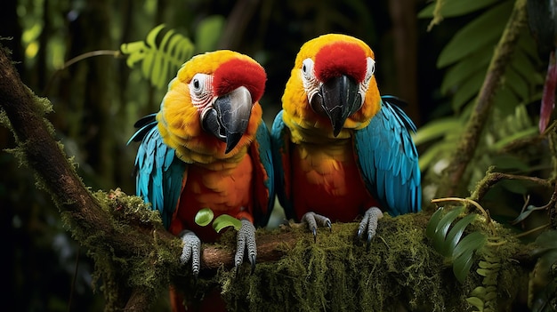 Explorando los encantadores cachorros de loros guacamayos de la selva tropical en su hábitat lúdico