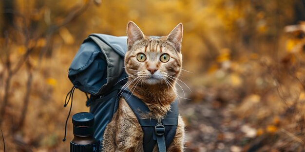 Foto explorando la escena turística con estilo el gato aventurero con un concepto de mochila viajando con gatos fotografía de aventura momentos divertidos de gatos mochilas de gato de estilo turístico