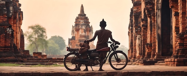 Foto explorando el esplendor histórico de ayutthaya en dos bicicletas entre ruinas y estatuas atemporales en tailandia