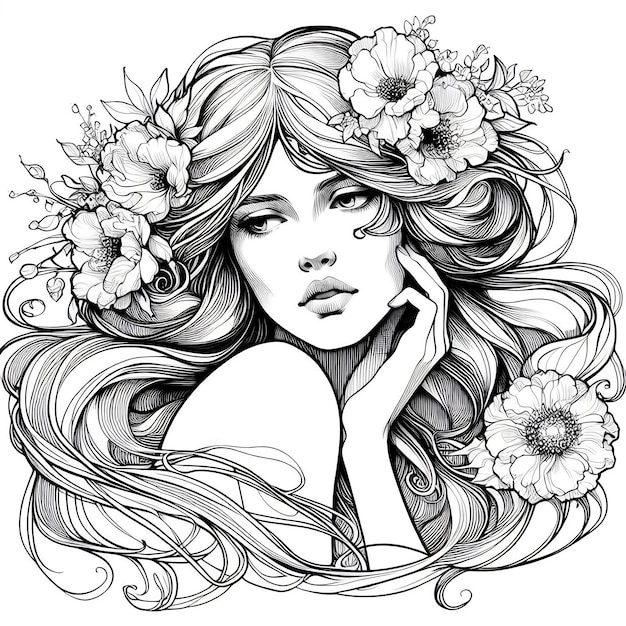 Foto explorando el estilo art nouveau con una joven de cabello largo y toques florales para colorear.