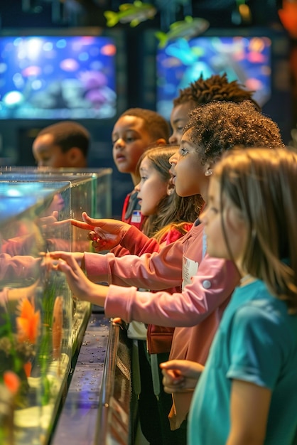 Explorando las maravillas de la ciencia Estudiantes en exposiciones interactivas que apuntan a las pantallas Rostros emocionados ref