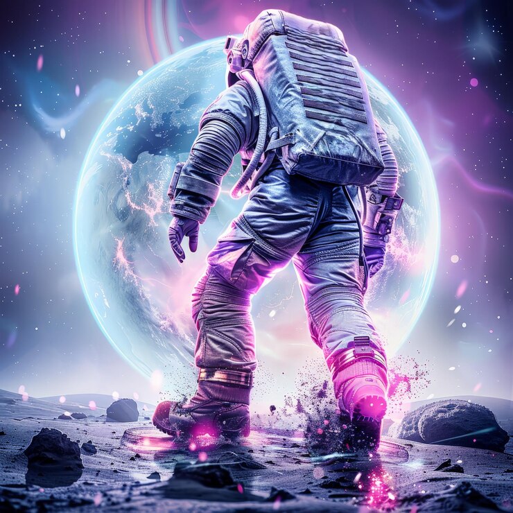 Explorando un mundo alienígena Las piernas de los astronautas dando un paso en un planeta misterioso en hermosos tonos marinos y púrpuras bajo iluminación de alta resolución etérea