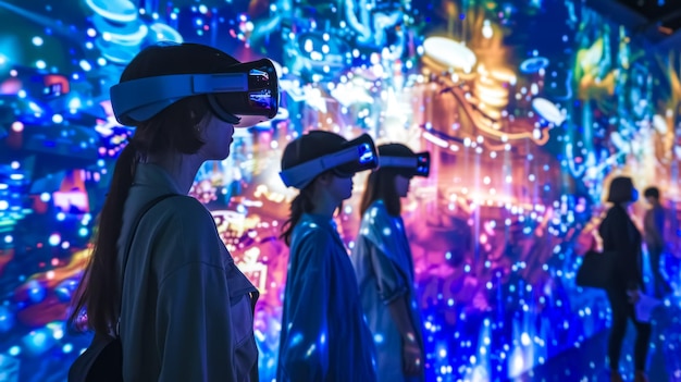 Foto explorando mundos virtuales usuarios en auriculares de realidad virtual en la exposición neonlit