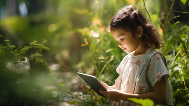 Explorando la naturaleza Niño al aire libre Interactuando con la tableta y la aplicación NatureThemed en medio de un entorno exuberante