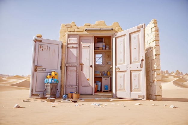 Explorando nuevos horizontes revelando una puerta del desierto en 3D un concepto de puesta en marcha único ilustrado